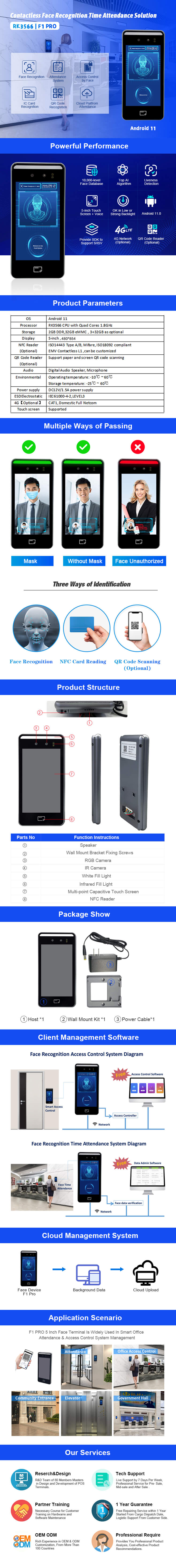 F1 PRO Smart 5 Inch Face Recognition Device Built In NFC Card Reader